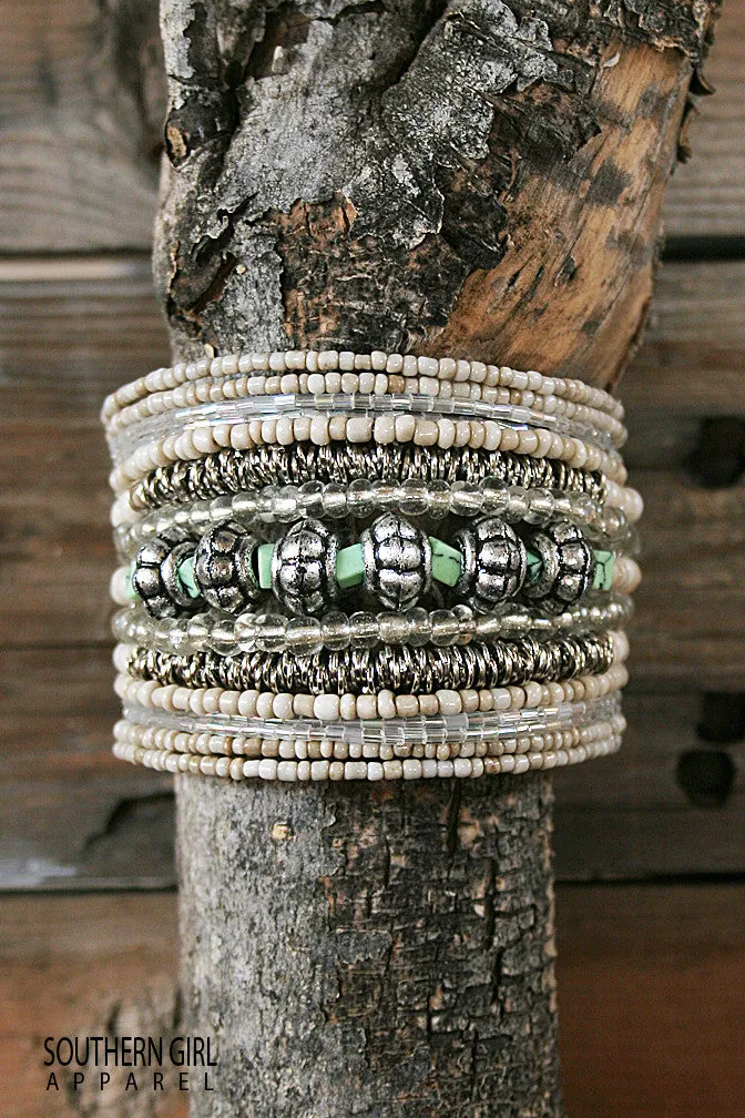 Beige and Silver Metal Bead Wide Wire Flex Bracelet