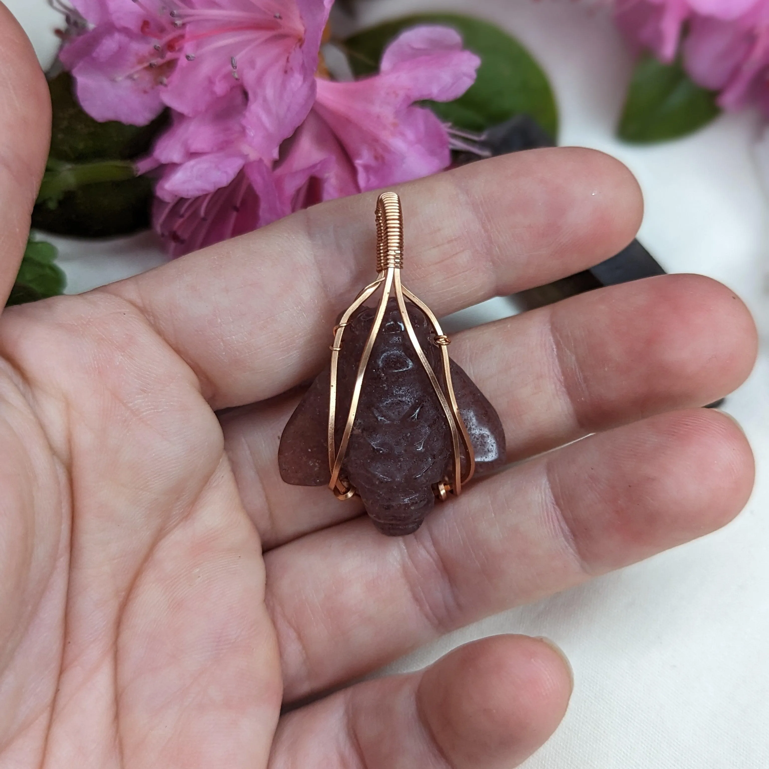 Copper Wire Wrapped Strawberry Quartz Bee Pendant~ Includes Necklace Cord
