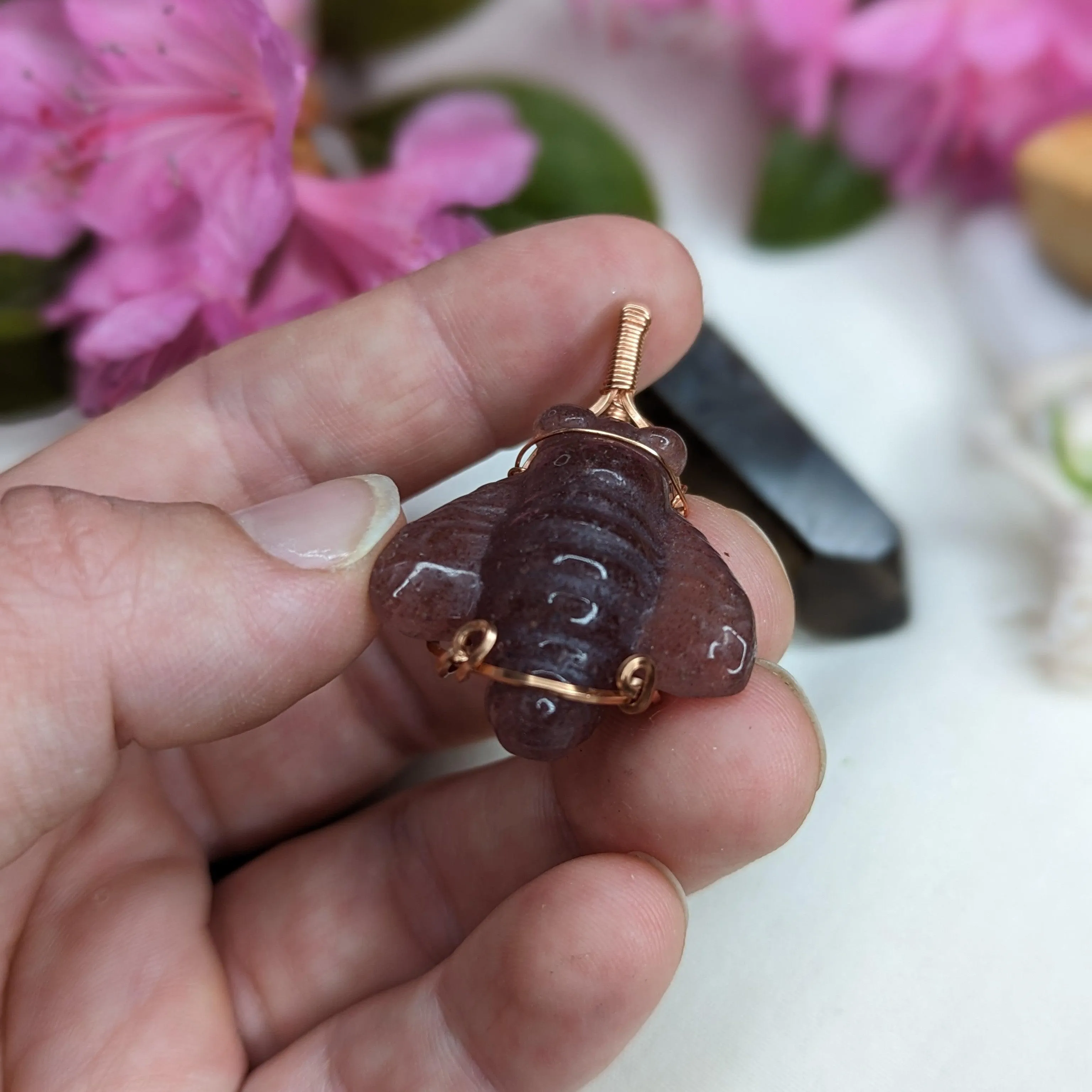 Copper Wire Wrapped Strawberry Quartz Bee Pendant~ Includes Necklace Cord