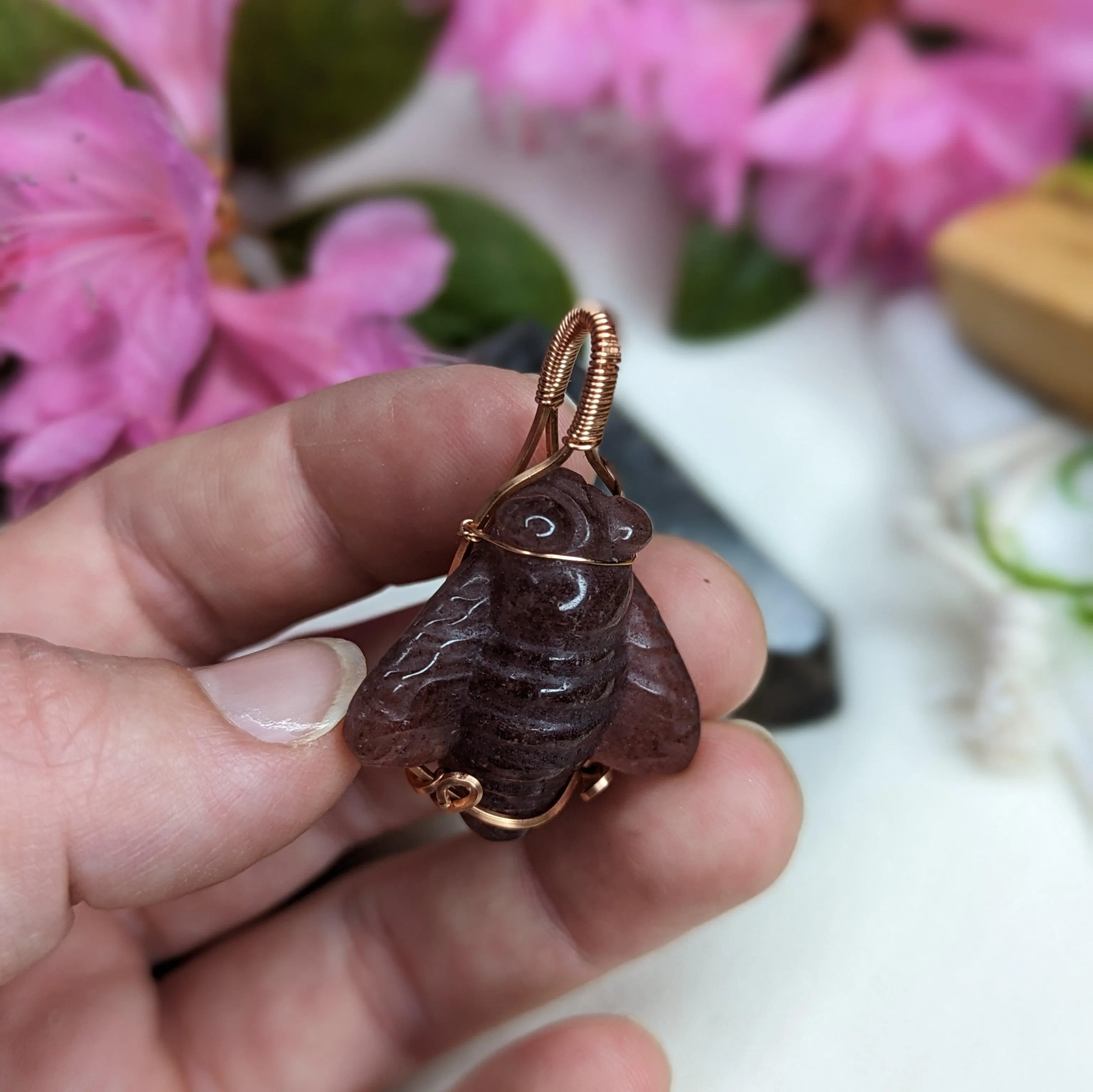 Copper Wire Wrapped Strawberry Quartz Bee Pendant~ Includes Necklace Cord