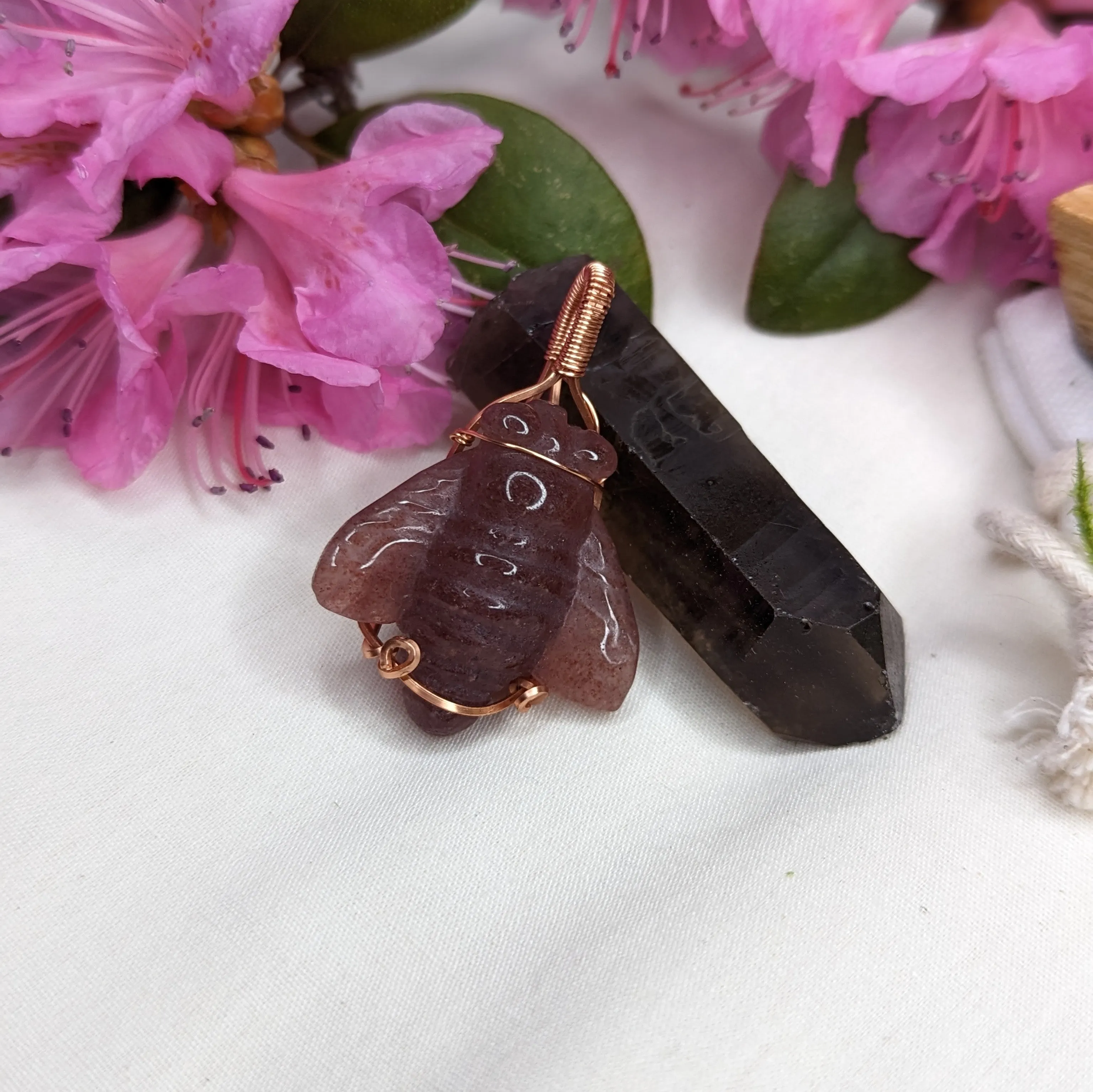 Copper Wire Wrapped Strawberry Quartz Bee Pendant~ Includes Necklace Cord