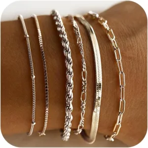 DEARMAY Gold Bracelets for Women Waterproof, 14K Real Gold Jewelry Sets Trendy Thin Dainty Stackable Cuban Link Paperclip Chain Bracelet Pack Fashion Accessories Gifts for Womens