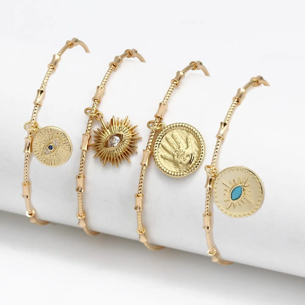 Lucky Eye Turkish Blue Evil Eye Bangle Copper Adjustable Fatima Hand Charm Cuff Bracelet