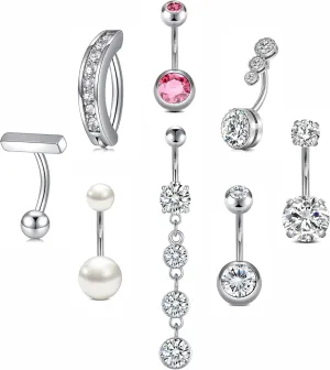 MODRSA Belly Jewellery Piercing - Belly Button Rings with silver & Pink Pearl Navel Opener
