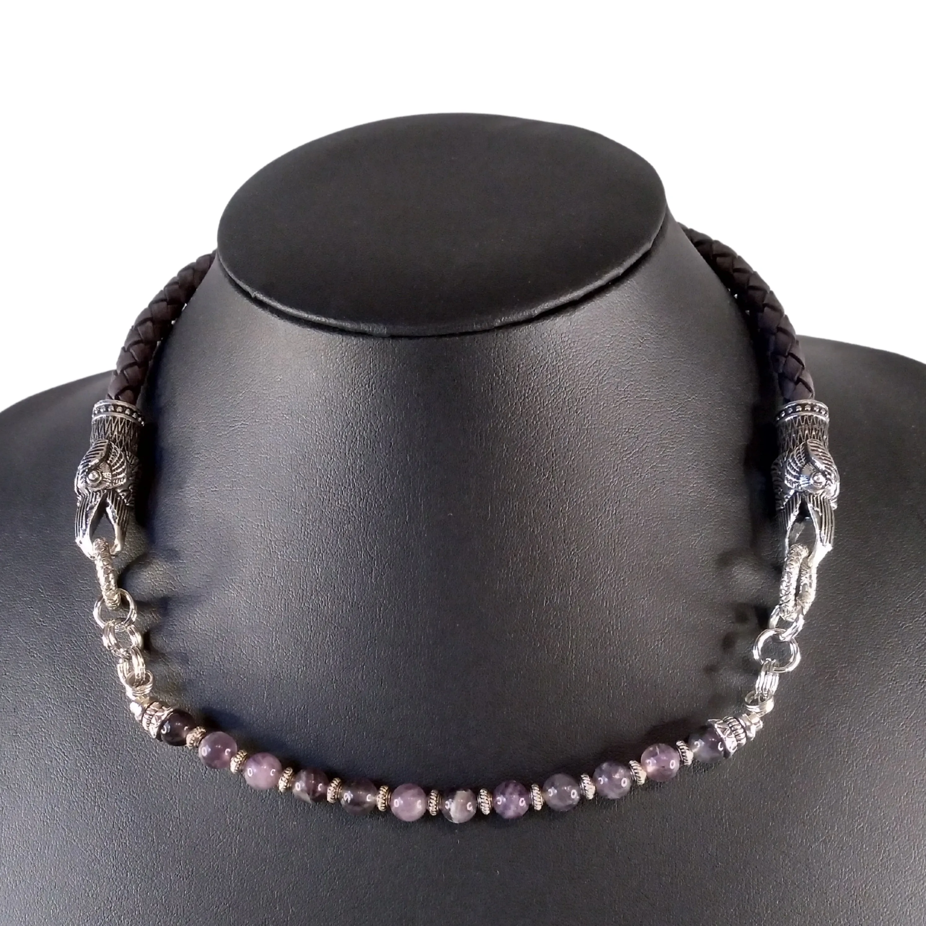 Raven Necklace Choker Silver Gray Leather Amethyst Beads