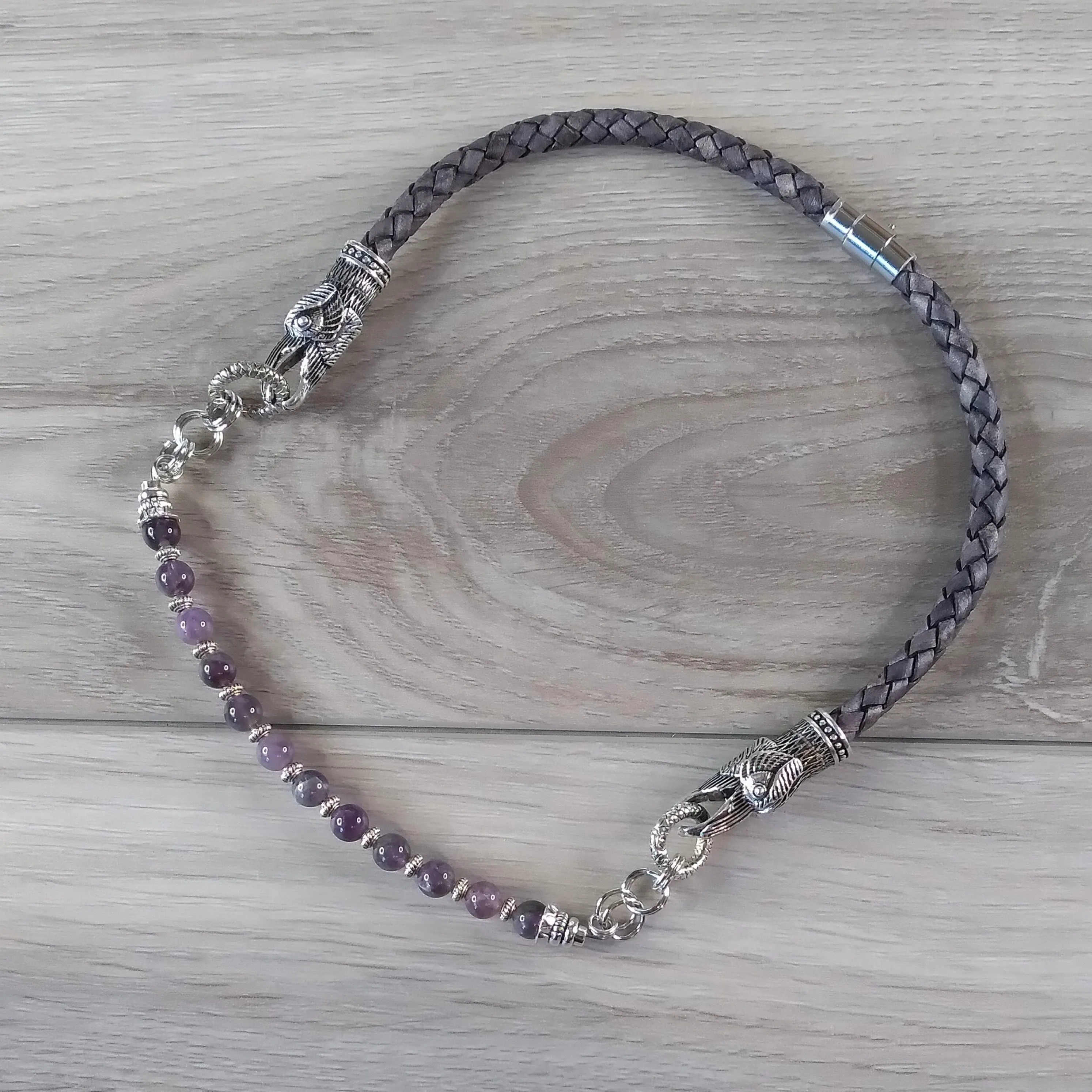 Raven Necklace Choker Silver Gray Leather Amethyst Beads
