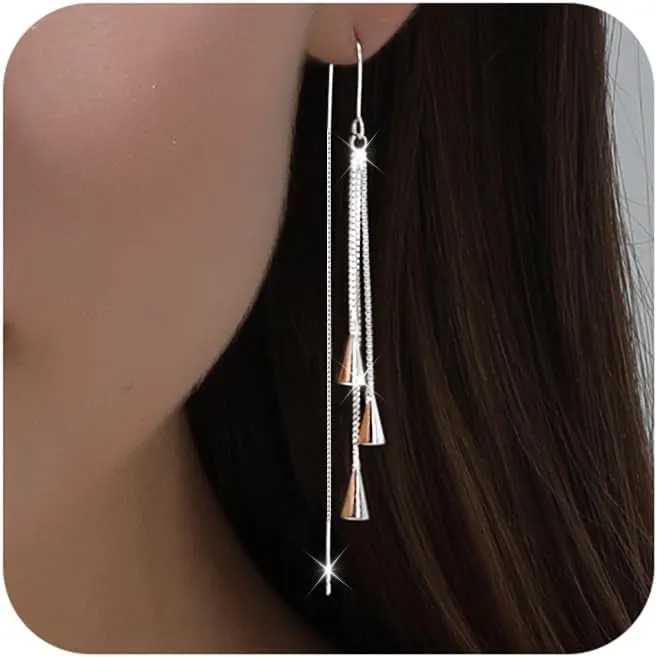 Ritach Silver Dangle Earrings for Women Minimalist Long Silver Dangle Drop Tassel Threader Prom Earrings Jewelry Gifts for Women