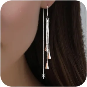 Ritach Silver Dangle Earrings for Women Minimalist Long Silver Dangle Drop Tassel Threader Prom Earrings Jewelry Gifts for Women
