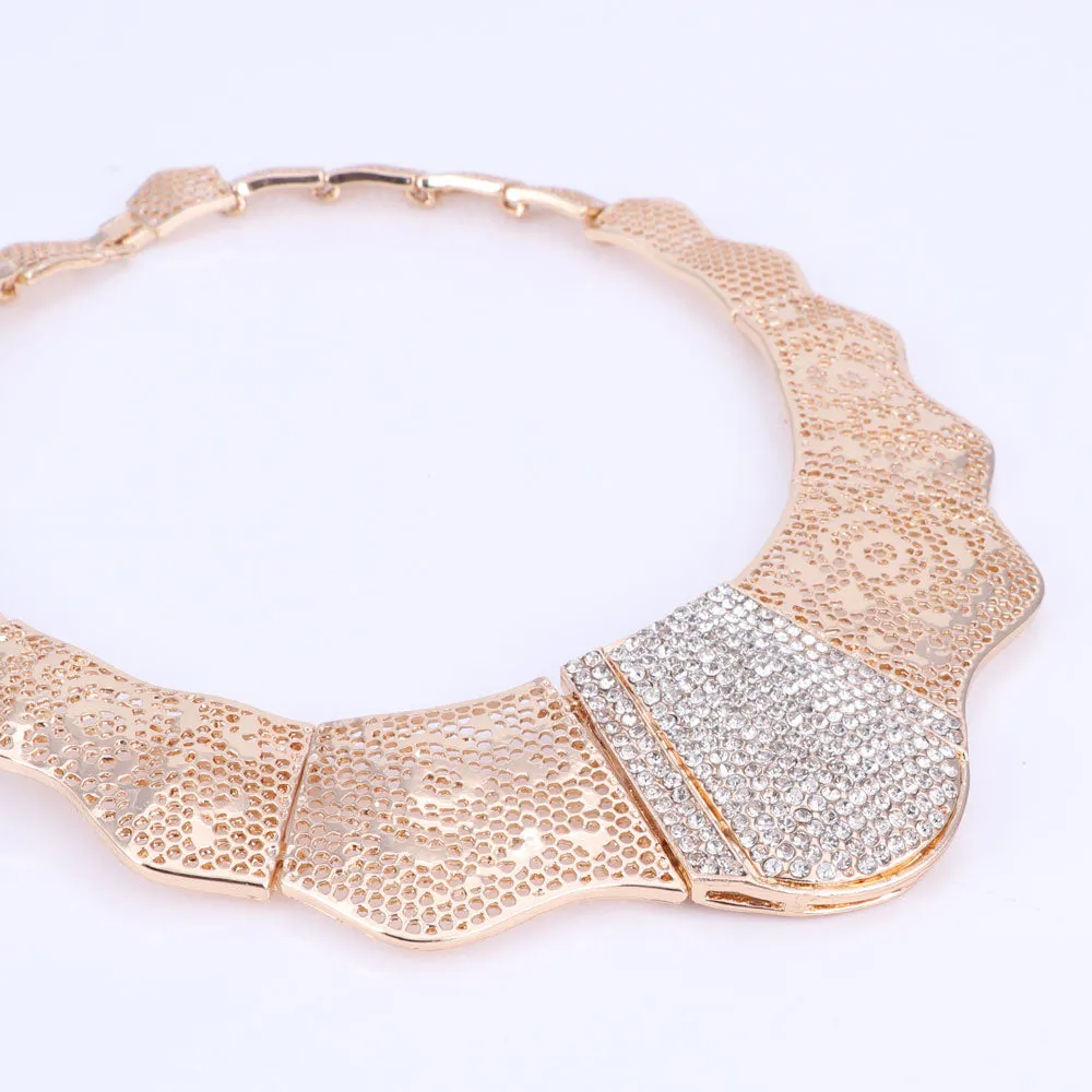 Rose Design Crystal Necklace, Bracelet, Earrings & Ring Wedding Jewelry Set