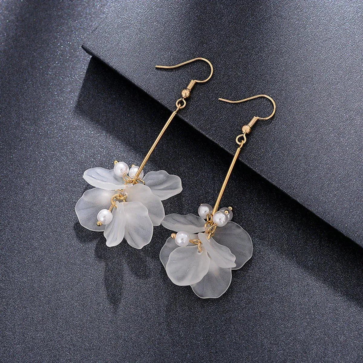 White Long Dangle Earrings Pearl Petals Drop Earrings for Women | Valentines Jewelry for Women with French Wire | Fashion Earrings for Women, Long Earrings for Women | Wedding Earrings for Bride