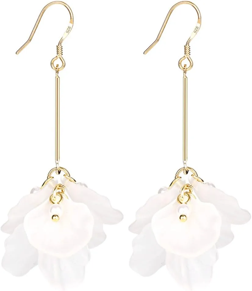 White Long Dangle Earrings Pearl Petals Drop Earrings for Women | Valentines Jewelry for Women with French Wire | Fashion Earrings for Women, Long Earrings for Women | Wedding Earrings for Bride